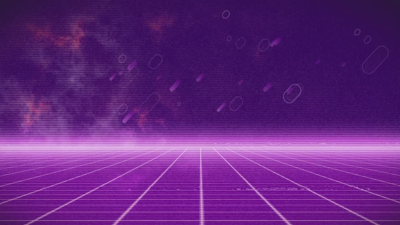 보라색 배경에 대한 그리드 패턴에 떨어지는 그래픽 디스플레이의 디지털 애니메이션