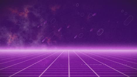 animación digital de pantallas gráficas que caen sobre el patrón de cuadrícula contra un fondo violeta