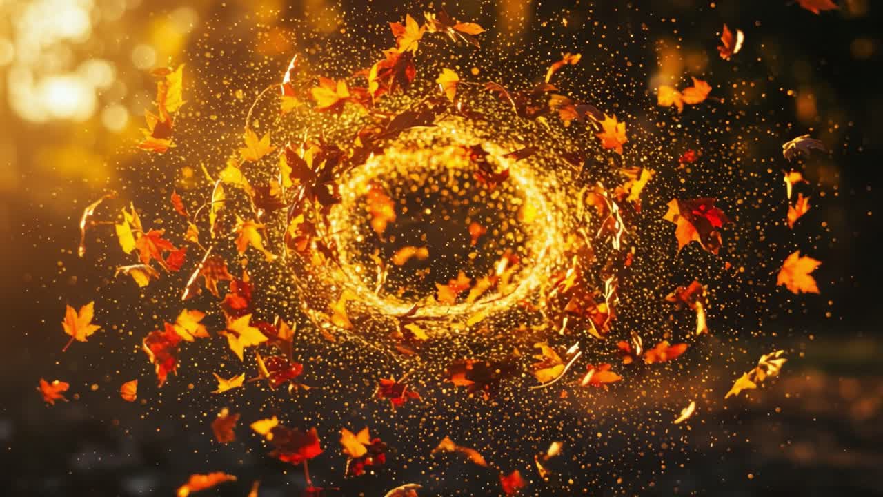 Dynamic Dance of Autumn Leaves: Captivating Swirl of Colorful Foliage Encircled by Glimmering Dust in a Sunny Forest Setting