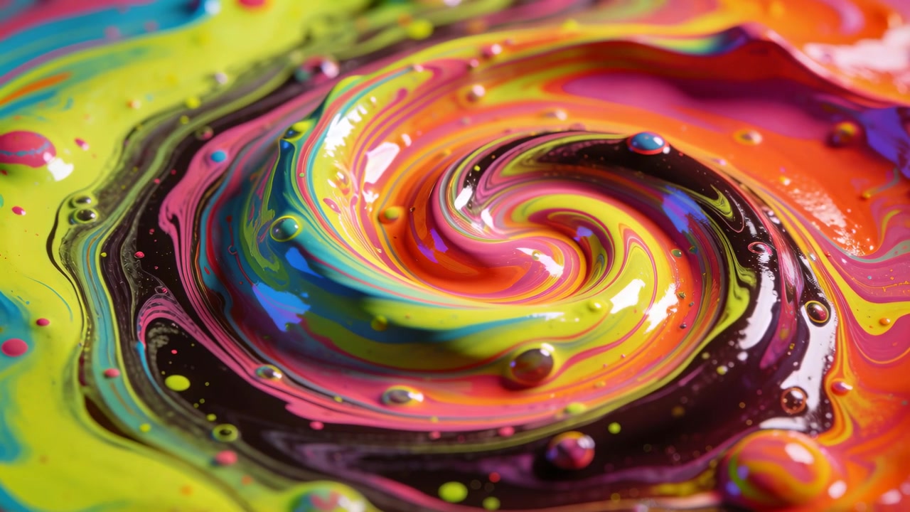 Pozza di liquido multicolore che ruota, movimento a vortice che crea una marmorizzazione su un vassoio poco profondo, goccioline lucide.