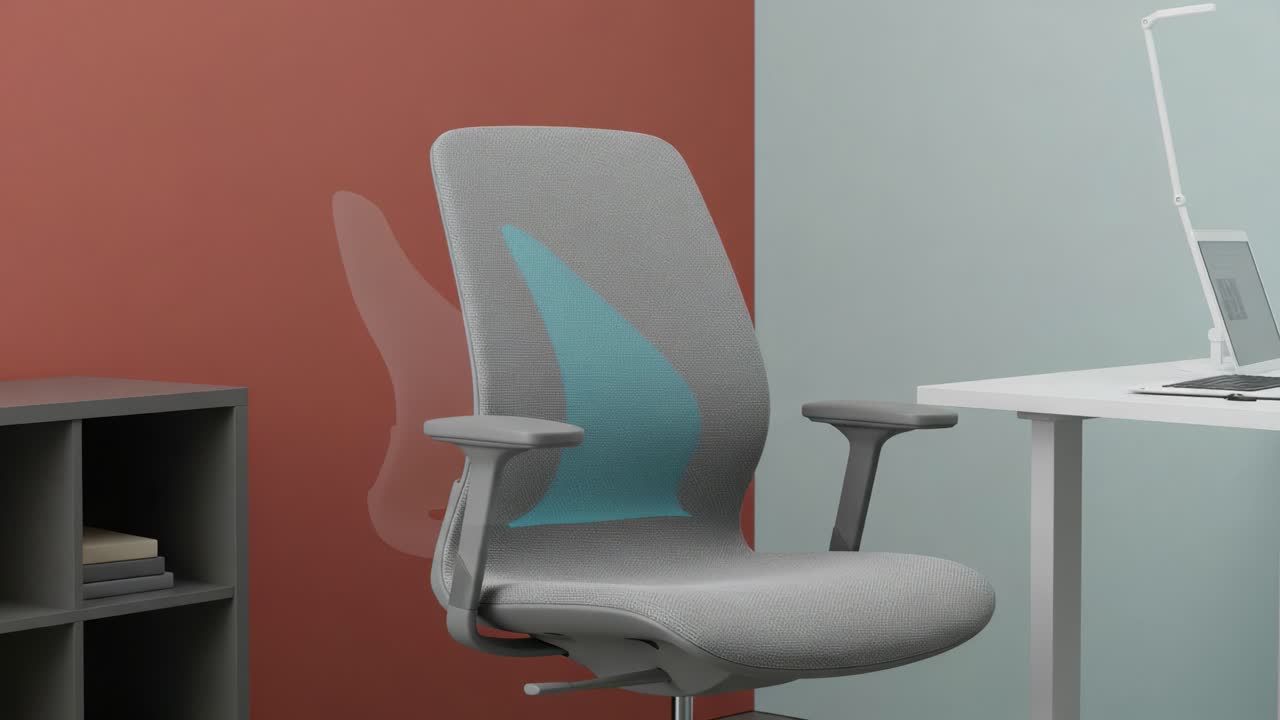 Dynamic Office Chair in Modern Workspace: A Visual Transition Showcasing Ergonomic Design and Comfort Features with Stylish Color Contrast