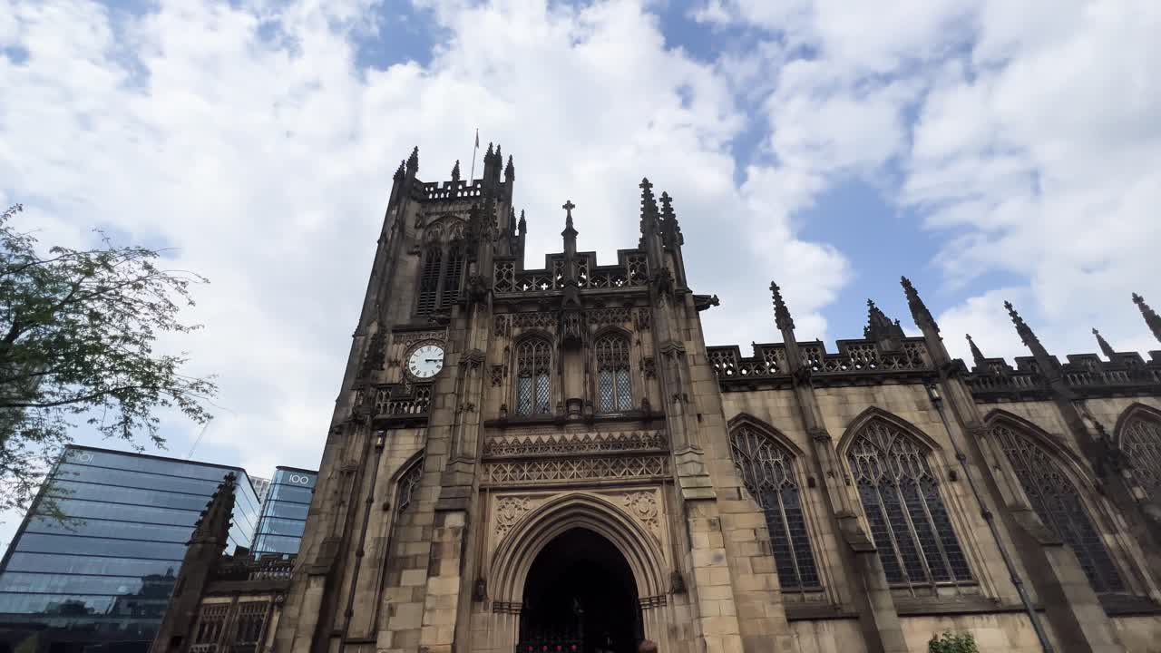 Manchester Cathedral Exterior Entrance Clock Tower Blue Sky