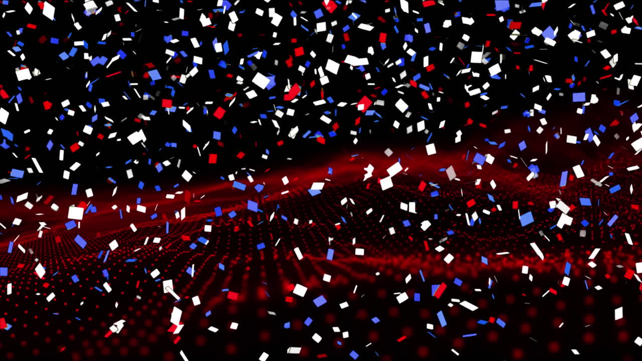 Digital animation of confetti falling over red digital waves against black background