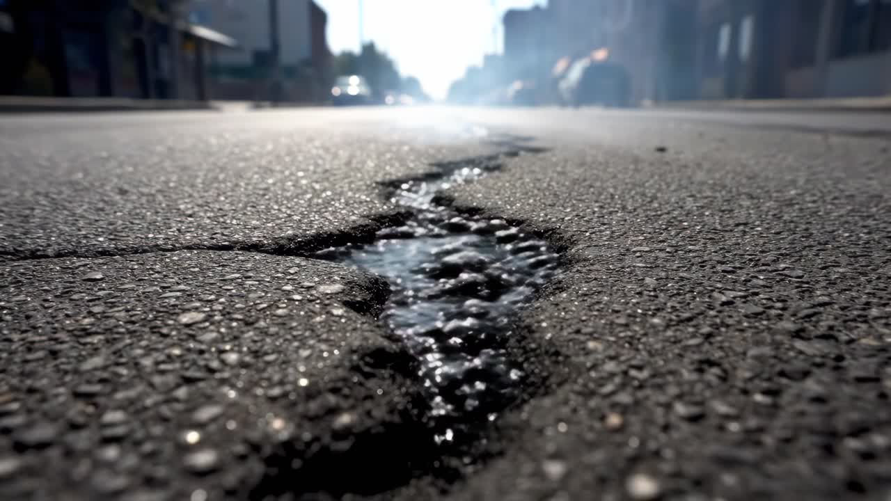 Cracked Road with Water-Filled Pothole