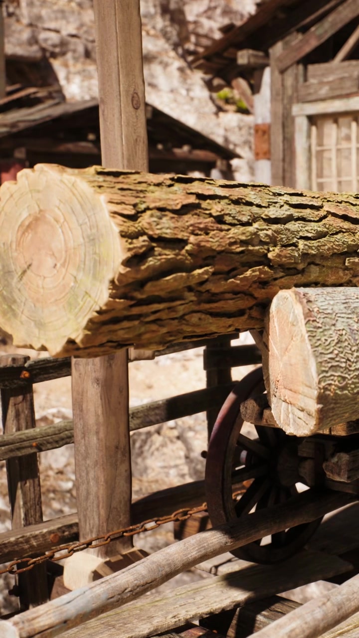 Tronchi di legno appoggiati su una struttura di legno in un ambiente rurale all'aperto.