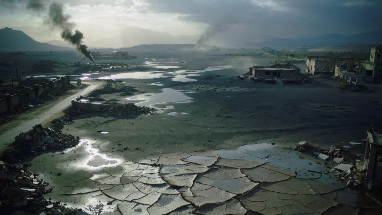 La luce solare mutevole rivela distese di fango screpolato in una pianura segnata dall'acqua, con fumo e polvere alla deriva.
