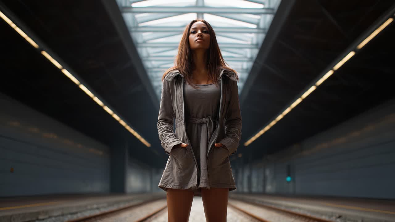 An enigmatic figure stands confidently in a train station, illuminated by lines of natural light flowing through the roof, framed by parallel tracks on either side