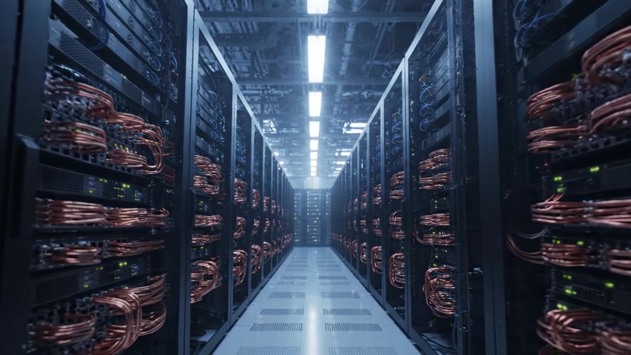 High-Tech Data Center Interior Featuring Rows of Servers and Network Equipment with Cables, Illuminated Pathway Enhancing Modern Technology Environment