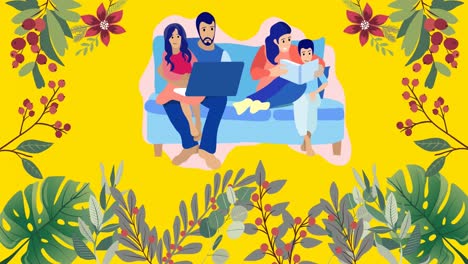 animación de ilustración de una familia sentada en el sofá usando una computadora portátil y un libro de lectura, con plantas