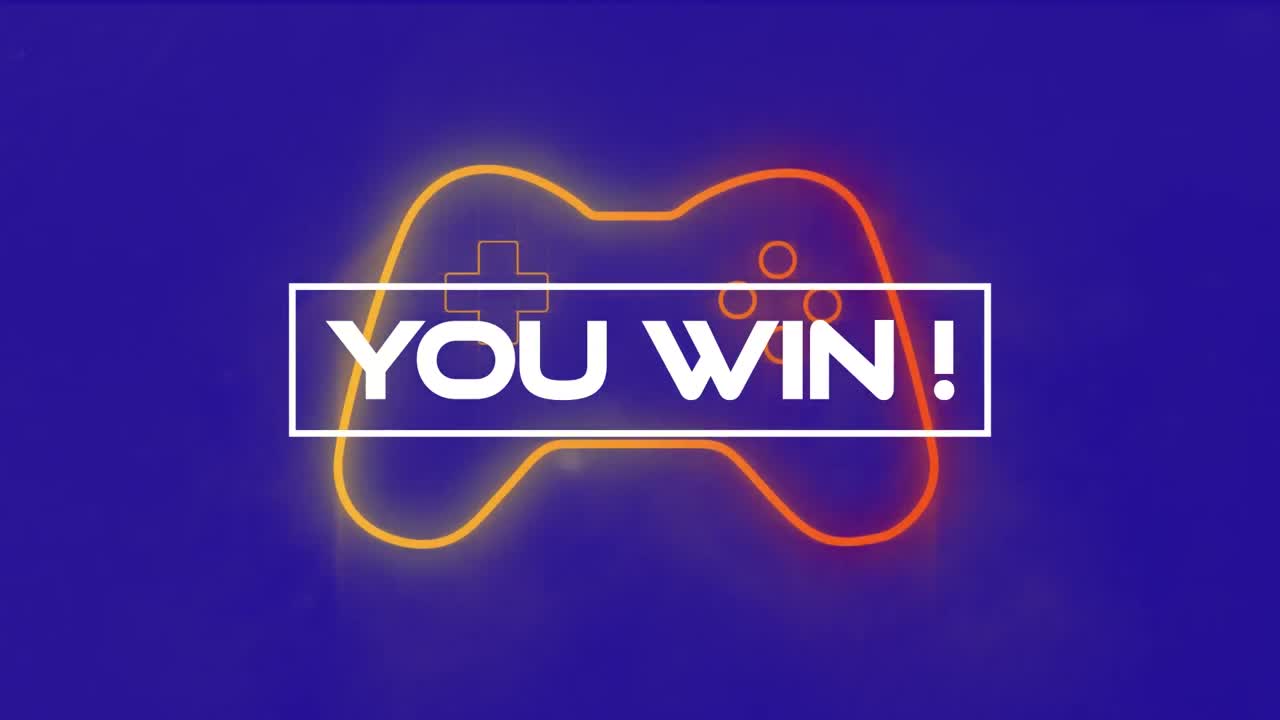 Animation of you win text over neon video game controller and purple background