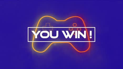 Animation-of-you-win-text-over-neon-video-game-controller-and-purple-background