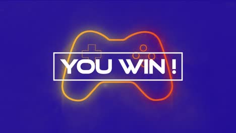 animation of you win text over neon video game controller and purple background