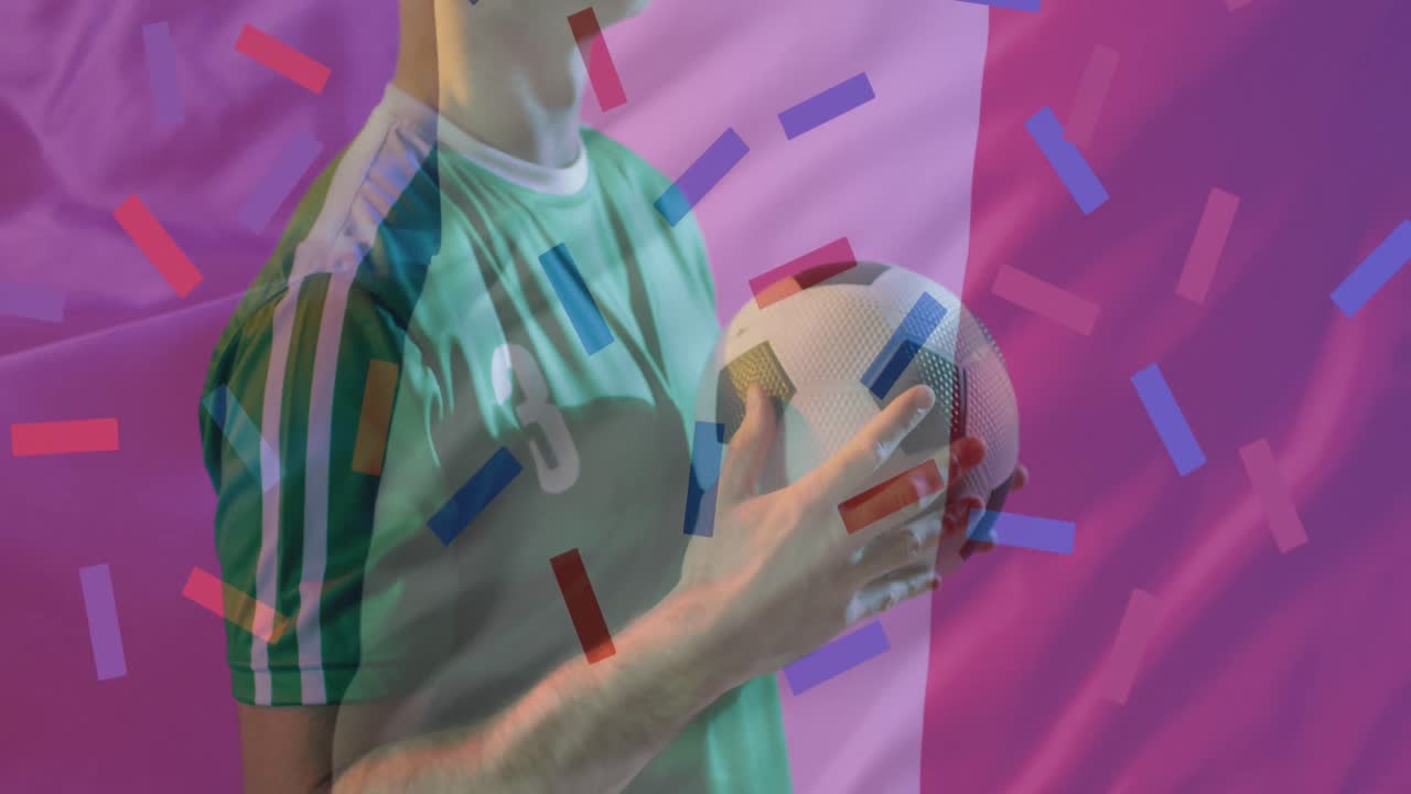 animación de confeti cayendo sobre futbolista caucásico y bandera de francia