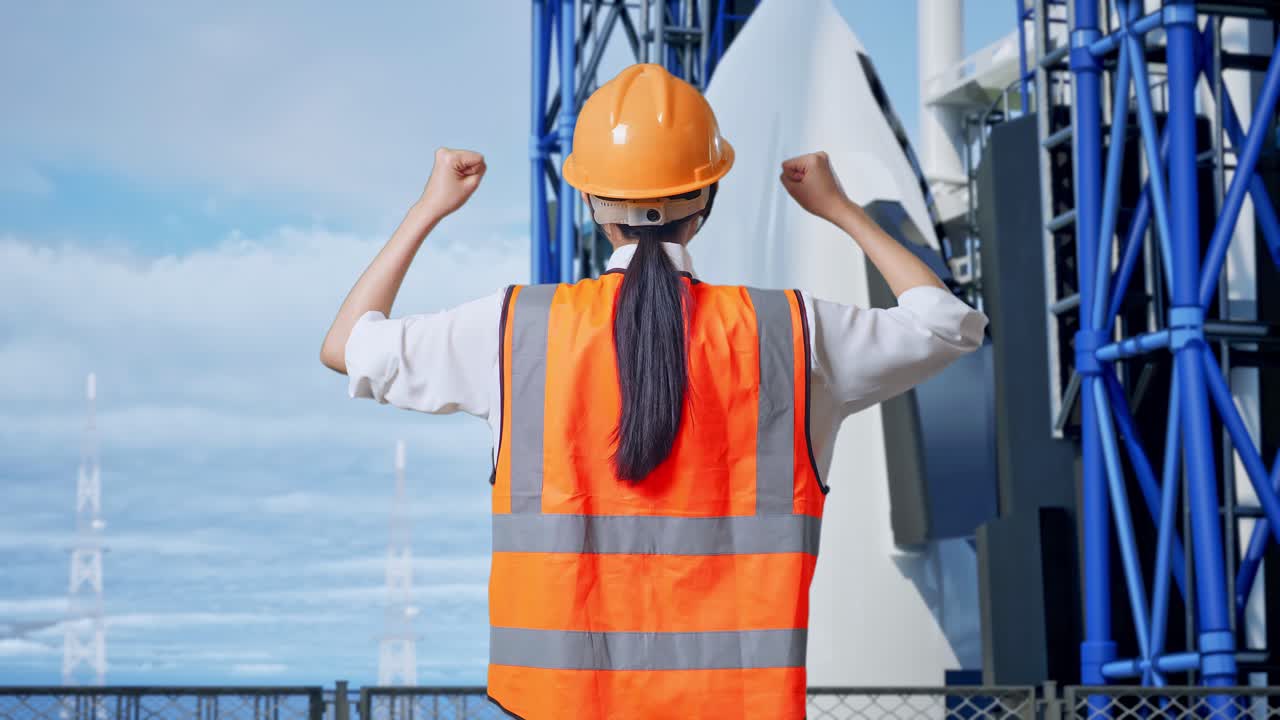 안전 헬 을 착용 한 여성 엔지니어 가 우주왕복선 과 함께 일 하면서 손 을 들고 축하 하고 있는 모습