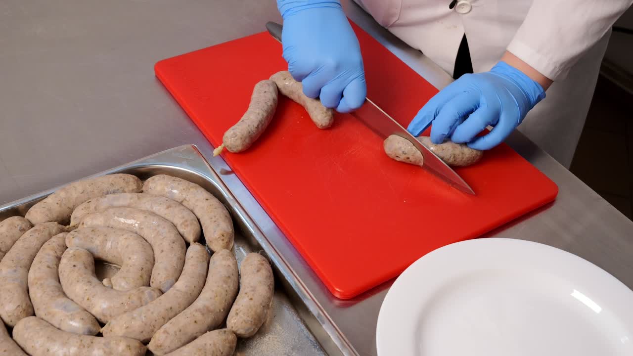 The butcher tests the produced sausage by cutting it with a sharp knife