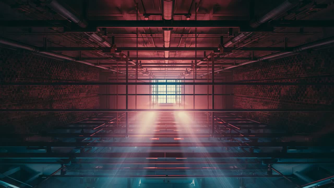 Intensifying light from barred window revealing subterranean corridor, with metal beams and pipes