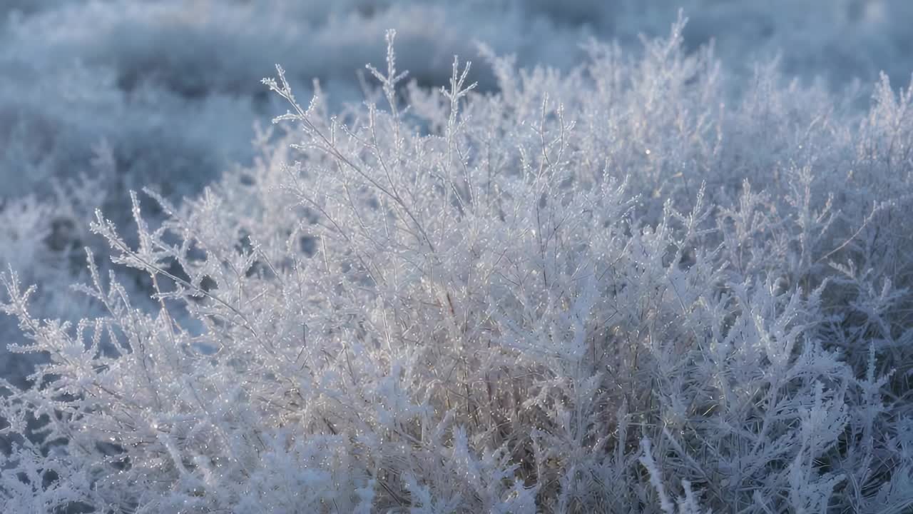 Skiftende kamera afslører frostbelagt busk i åbent felt, sollys lysner rimfrostkrystaller