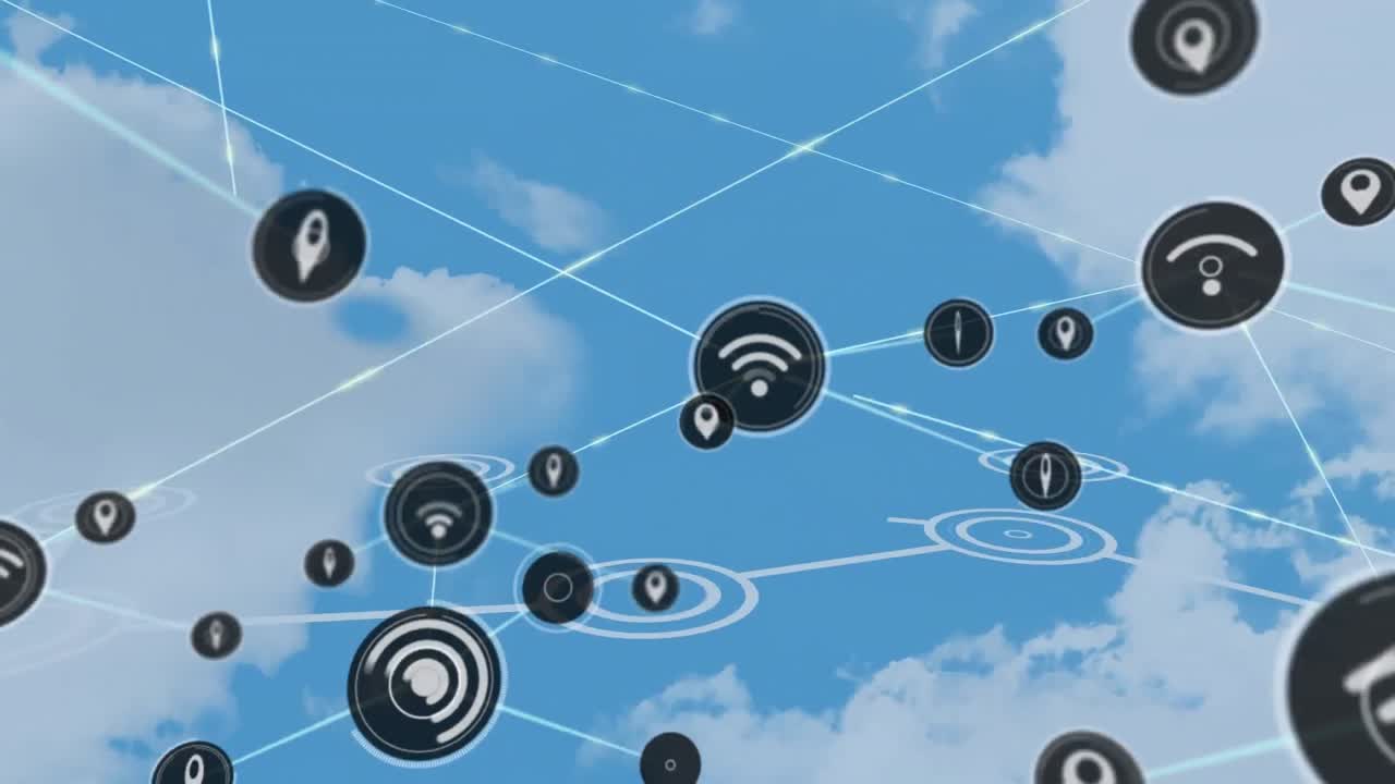animación de la red de conexiones con iconos digitales sobre nubes