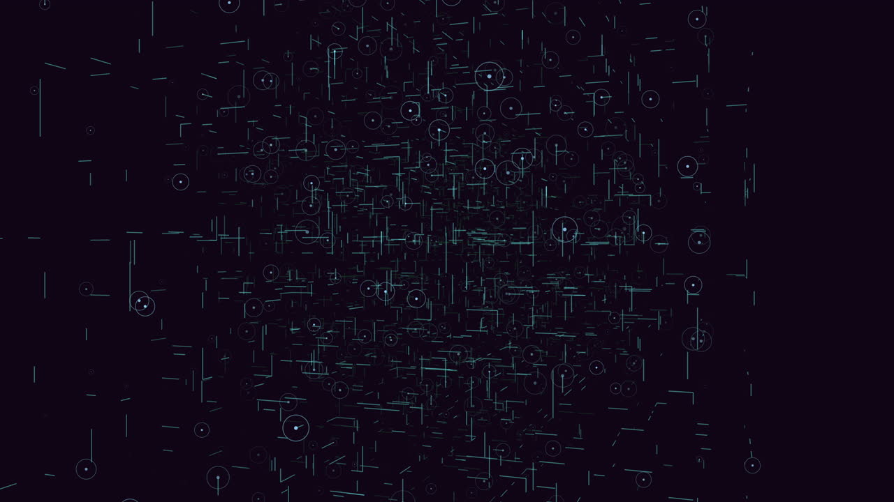 Futuristic technology footage of floating lines, dots, and circles forming a digital network on dark background, ideal for AI, cybersecurity, big data, and fintech visuals