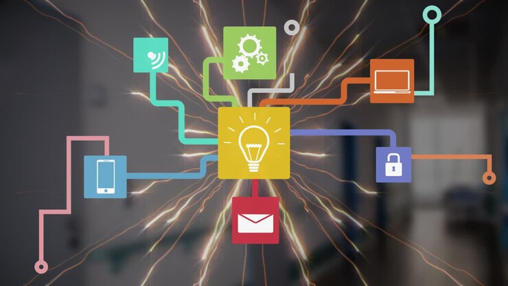 Animation of network of digital icons over light trails against empty office