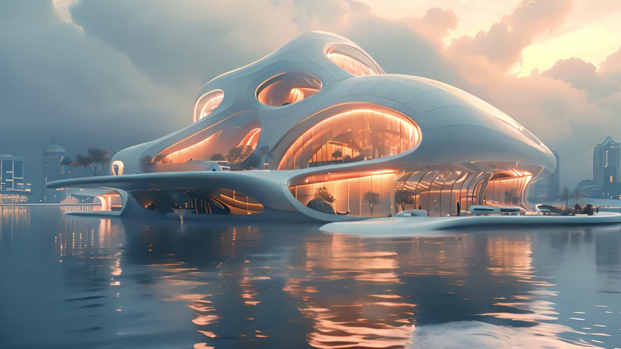 Futuristic Organic Waterfront Building at Sunset