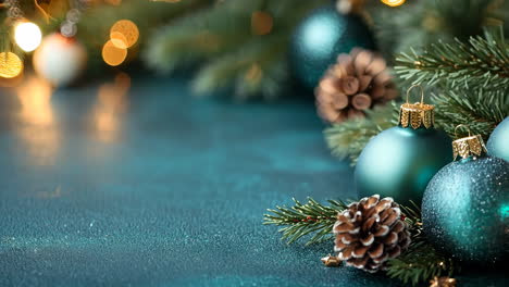 A blue and green Christmas tree with three green ornaments and two brown pine cones. The pine cones are on the right side of the tree and the ornaments are on the left side