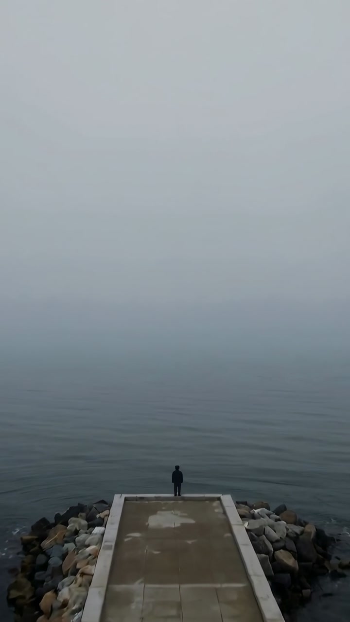 Vertical video: Moving camera to jetty to capture foggy horizon, man in dark coat facing sea