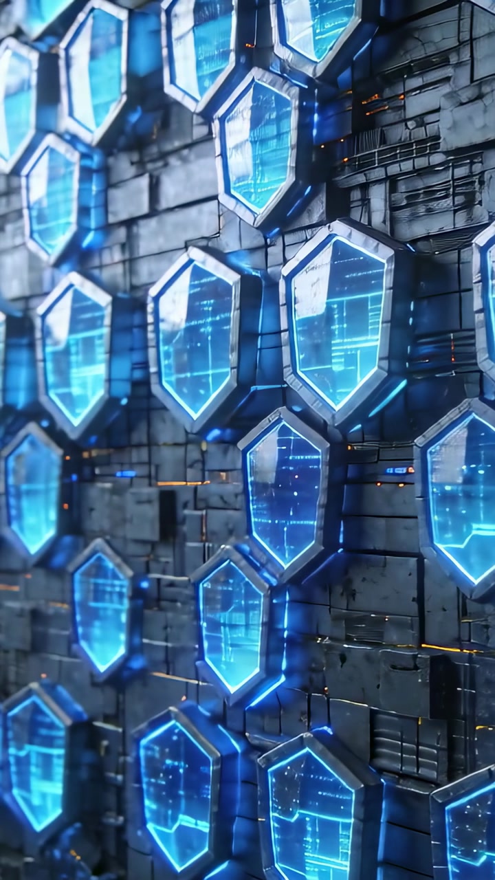 Vertical video: Camera tilting pulsing hex and amber trails across wall showing tech grid