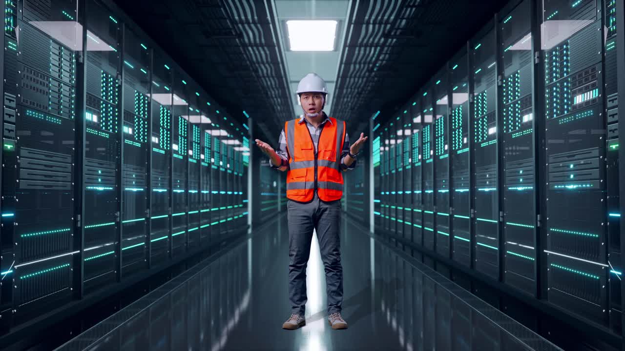Full Body Of Wondering Asian Male Engineer With Safety Helmet Saying Why Working Doubtfully in Server Room Data Center