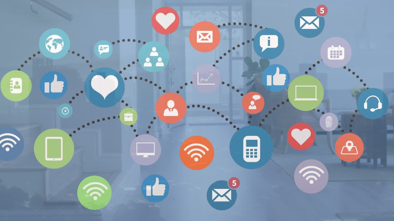 거실 내부의 디지털 아이콘 네트워크의 애니메이션