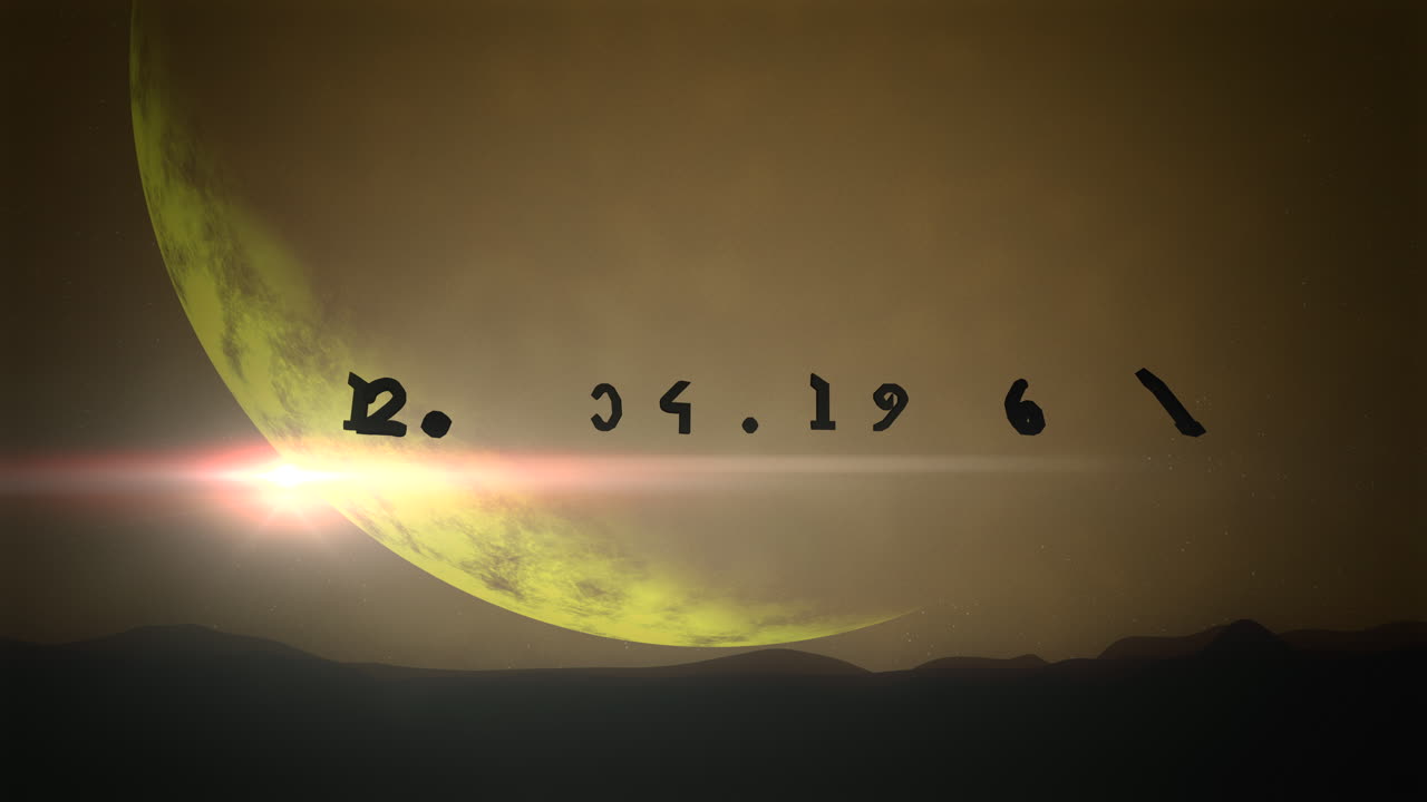 1961년 4월 12일 큰 노란색 행성과 우주에 산이 있음