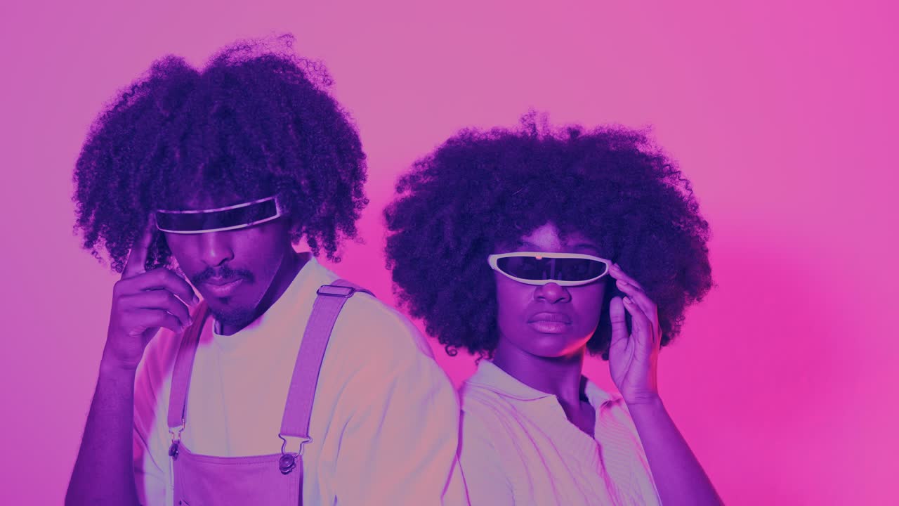 Stylized Retro-Futuristic Portrait of Two People with Afros and Cyberpunk Visors
