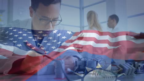 animation of biracial male scientist over flag of taiwan and united states of america