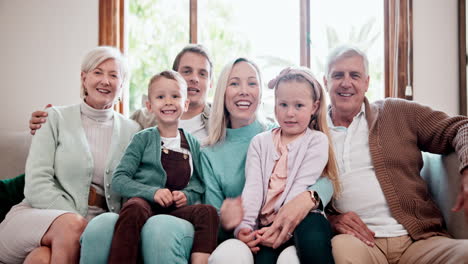 big family, face and smile on sofa happy