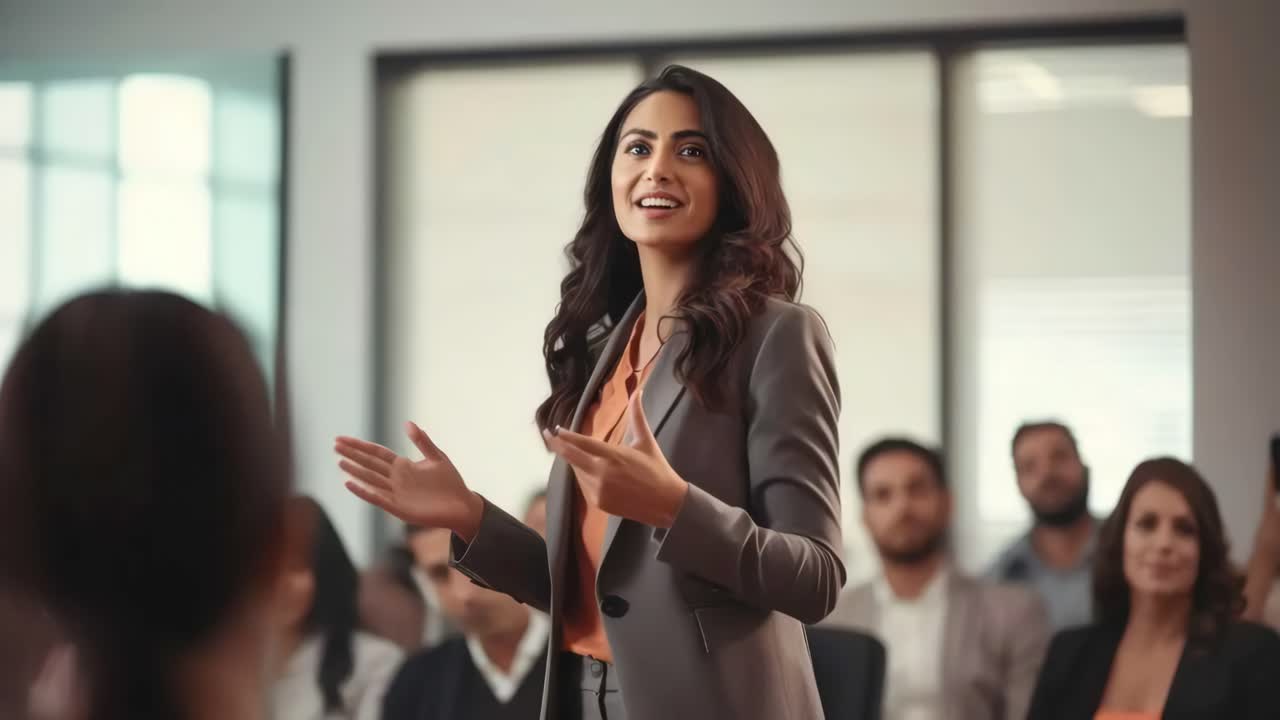 A professional woman speaks confidently in a meeting room. The video captures her from a mid-angle