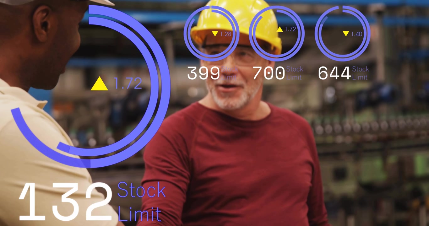 Vertical video: Handshake initiating stock audit in plant, lead holding laptop, HUD updating limits