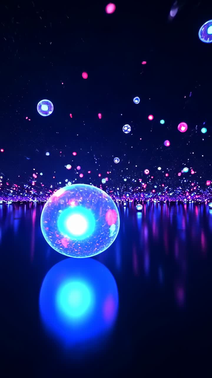 Vertical video: Emerging from horizon blue orb drifting forward over black plane with neon swarm