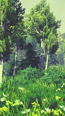 vibrant forest with lush greenery and wildflowers under a clear sky