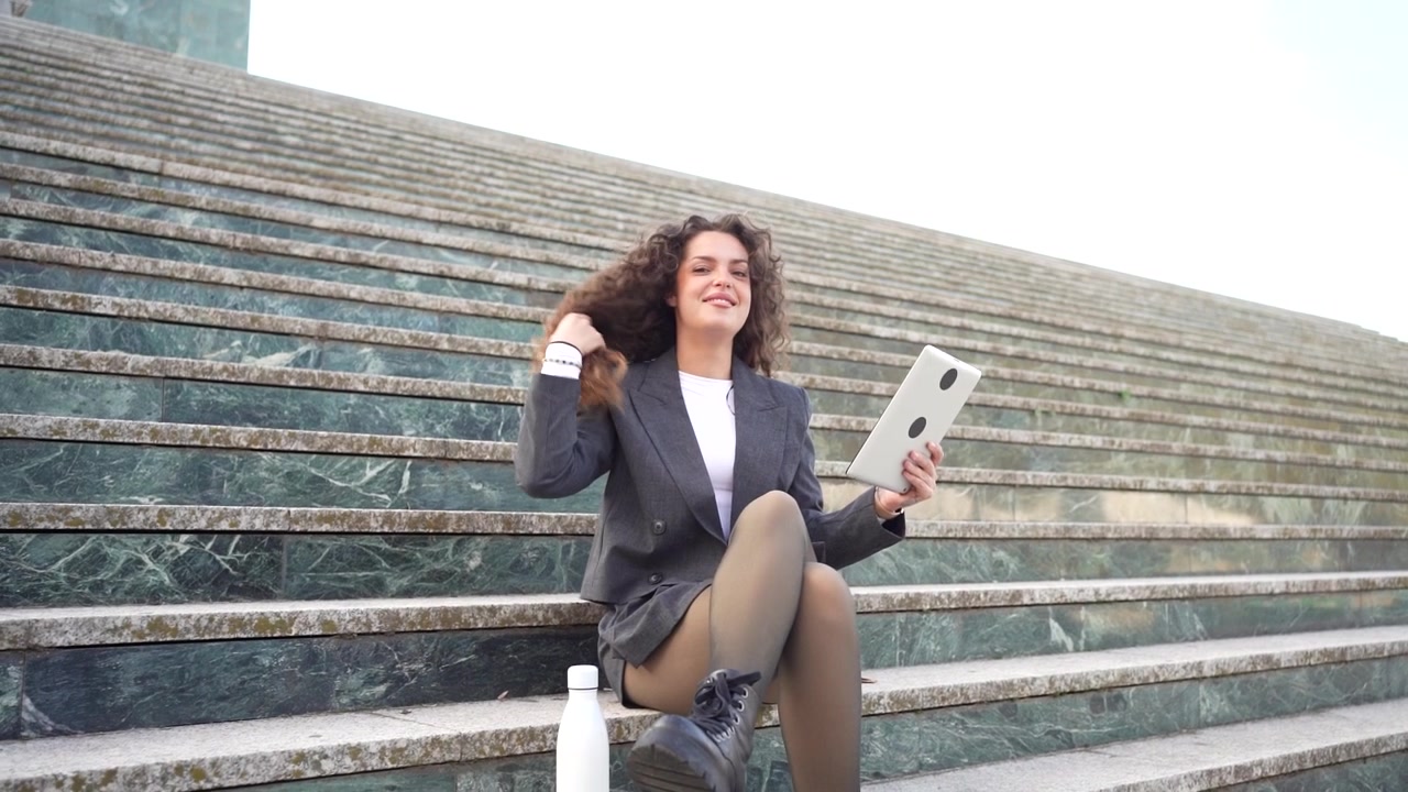 Una giovane donna è seduta su delle scale mentre usa un tablet in un vivace ambiente urbano.