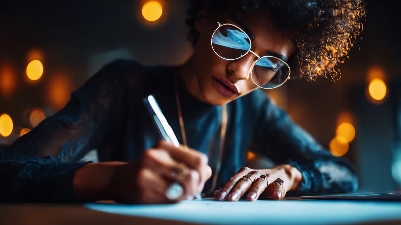 A focused individual engaged in the act of writing, showcasing creativity and concentration in a beautifully lit environment with a modern aesthetic and warm bokeh background elements