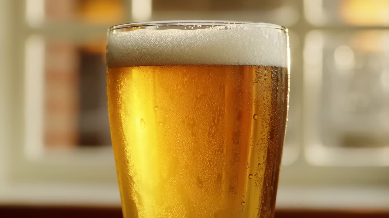 Bicchiere di birra dorata con schiuma e condensa su un bancone da pub, bagliore di finestra retroilluminata, lager ambrata fredda con bollicine che salgono.