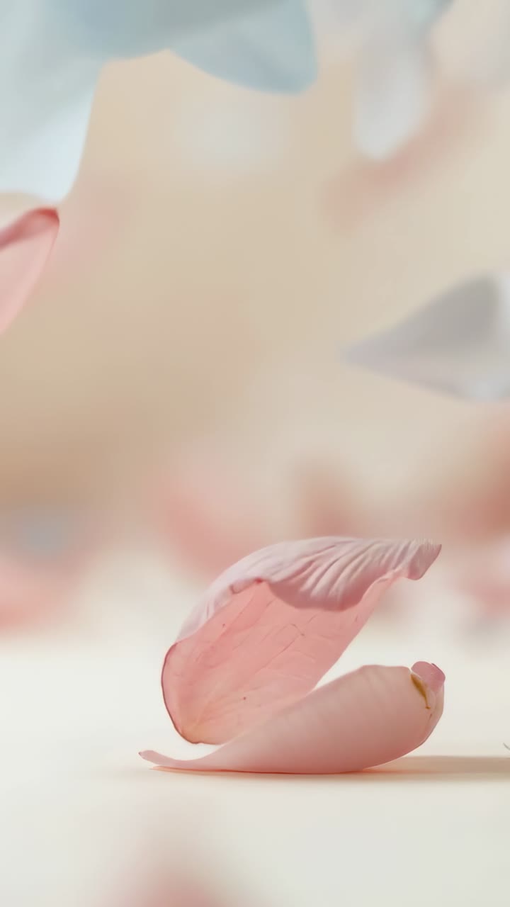 Vertical video: Drifting pink petal settling on table, petals forming calm layer over blue shapes