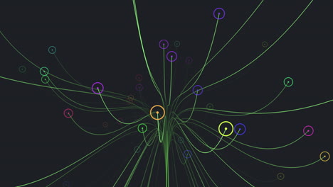 Colorful circular network of lines and dots depicting a complex system