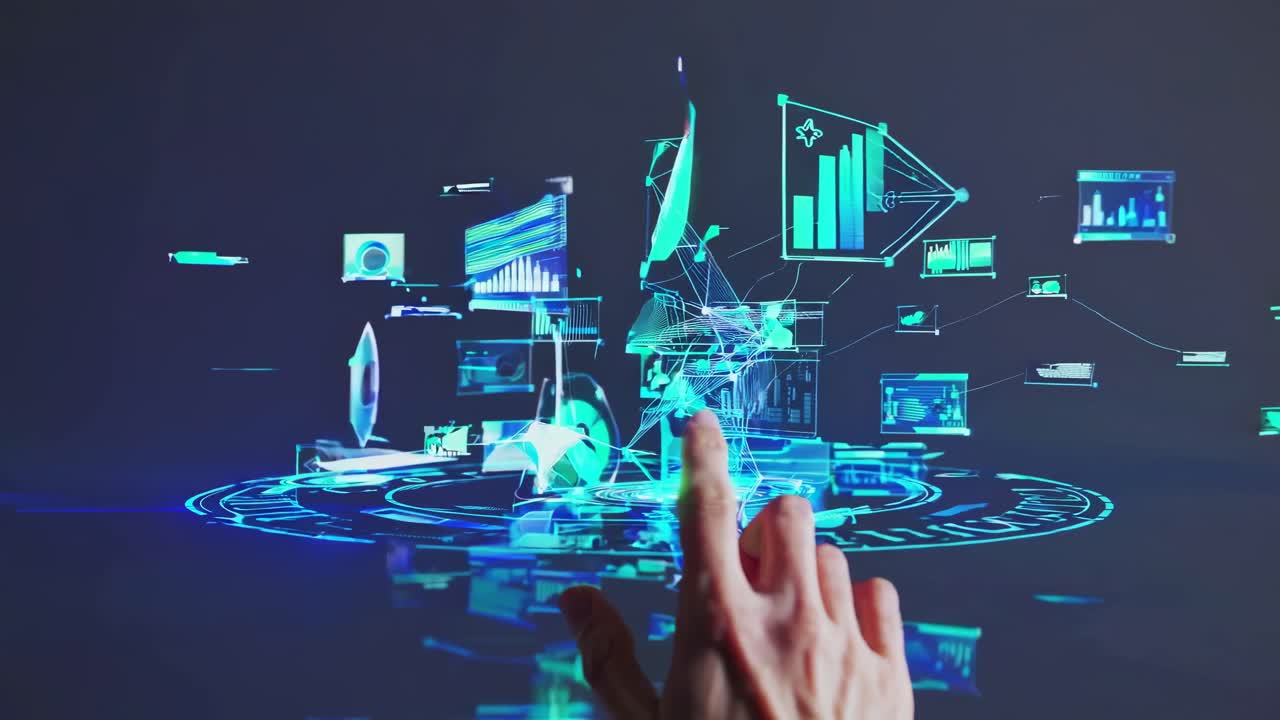 A futuristic video concept with a hand interacting with holographic data
