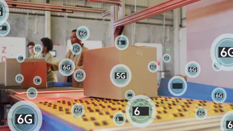 animation of 5g, 6g text and data processing over diverse people working in warehouse