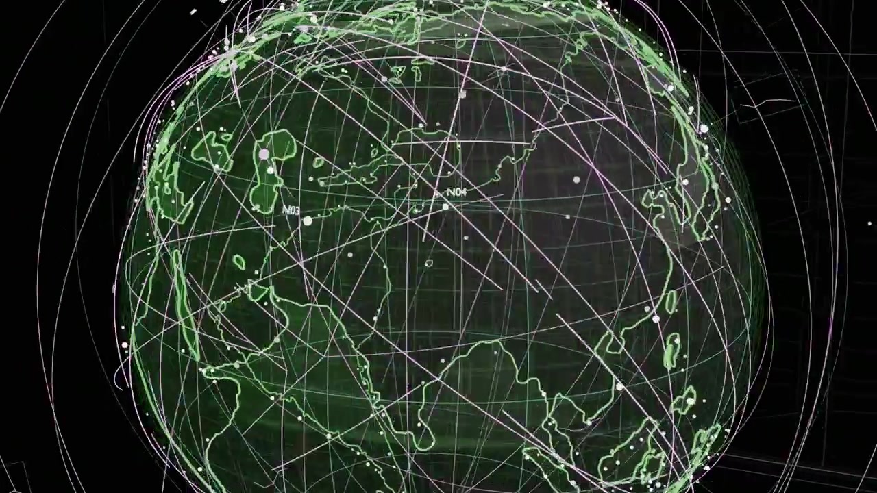 On play globe rotating, neon coasts and purple arcs revealing nodes for mapping on transparent bg