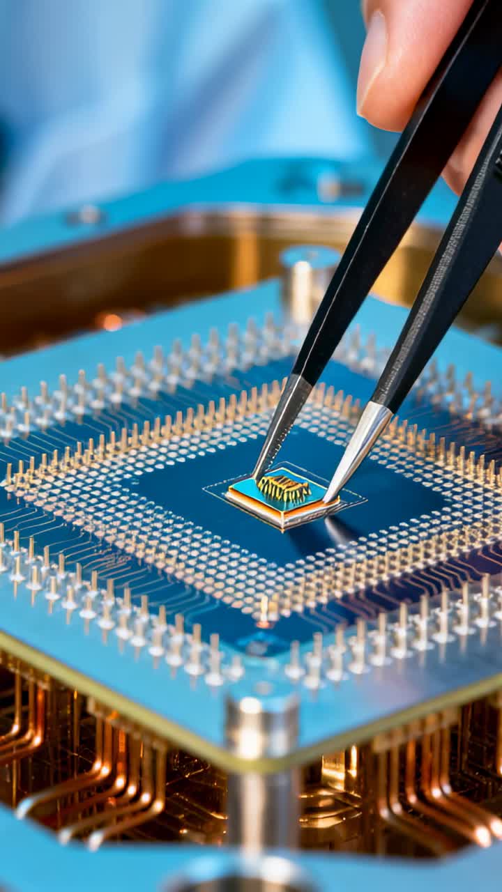 Vertical video: Entering frame, tech tweezers aligning chip on socket for test, blue gown, pin grid