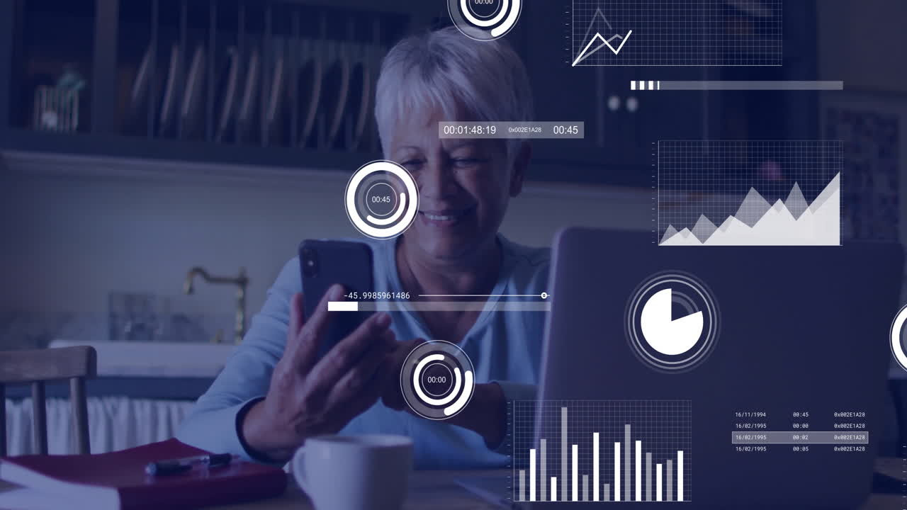 In kitchen, elderly woman using smartphone with animation of data analytics graphics