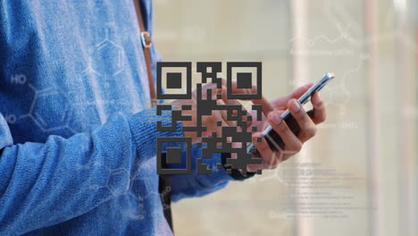 QR code scanner and chemical structures against man using smartphones