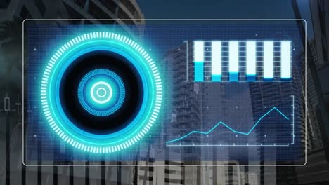 Animation-Der-Datenverarbeitung-Auf-Digitalem-Bildschirm-Und-Finanzdaten-über-Modernen-Gebäuden